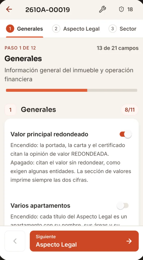 Rivia Tasaciones en Android: formulario de tasación, paso 1 de 12.