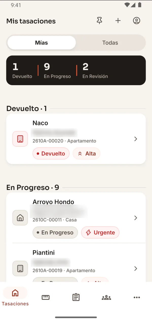 Rivia Tasaciones en Android: tus tasaciones asignadas, agrupadas por estado.